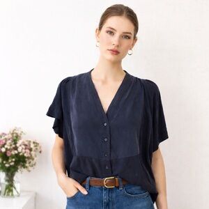 COS Silk Panel V-Neck Button Blouse | Flowy Draped Sleeves | Modern Minimal | XS
